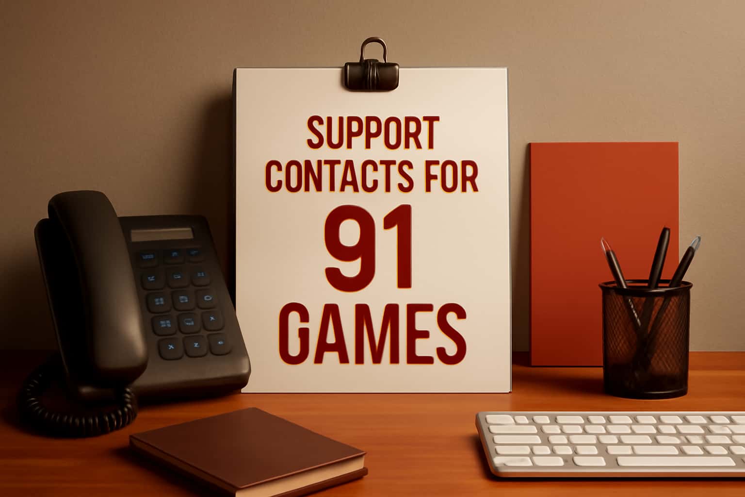An informational scene showcasing support contacts for 91 Games.
