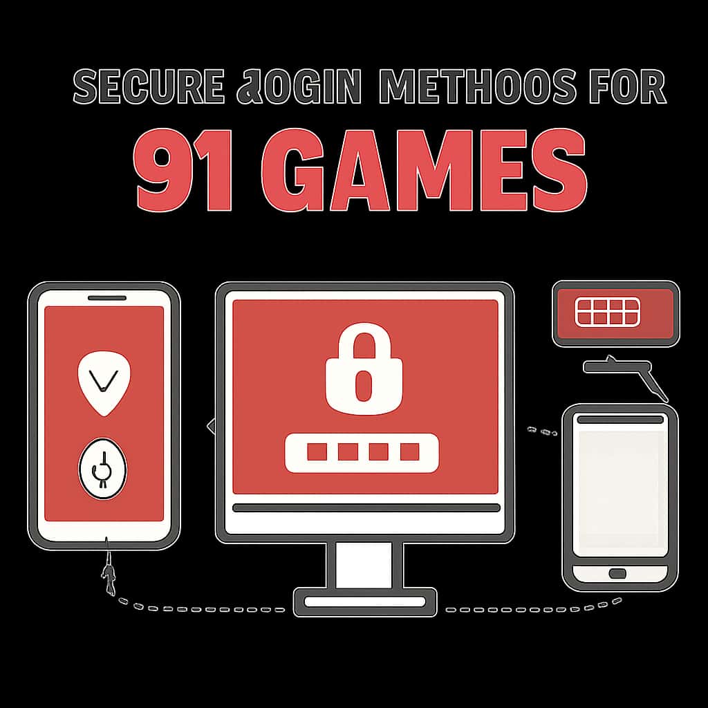 An educational diagram illustrating secure login steps for '91 Games'.